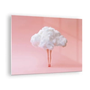 Obraz na skle - Ženská postava s oblakom namiesto šiat na pastelovo ružovom pozadí. - 70x50cm - Sladký sľub - Moderná nástenná dekorácia do obývacej izby a spálne ARTTOR