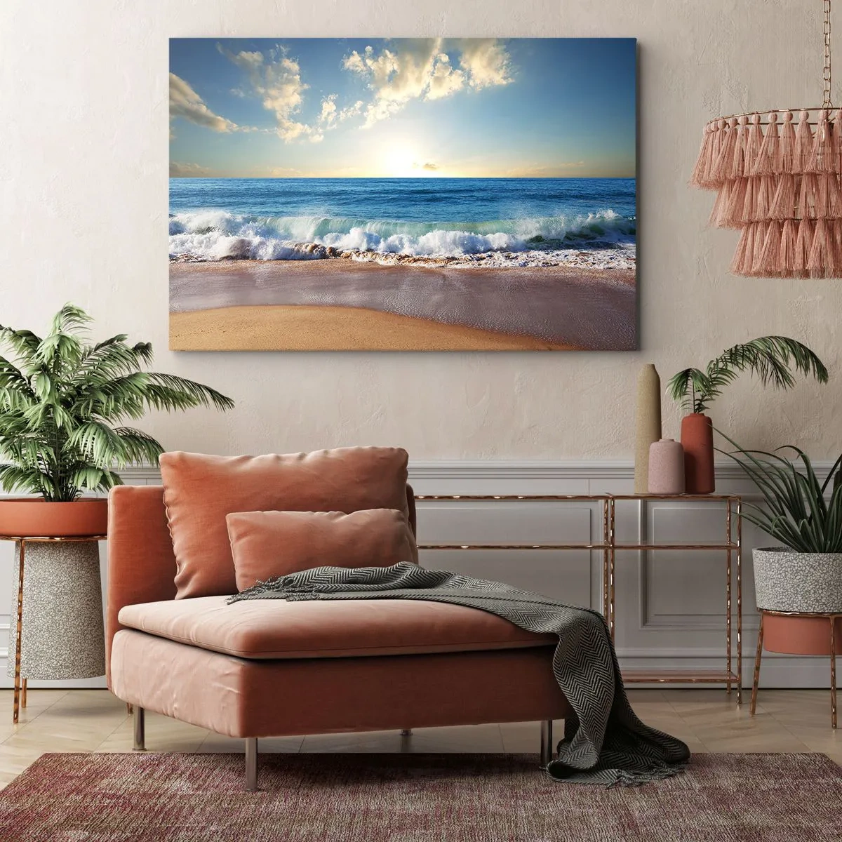 Obraz na plátne - Slnečná pláž s vlnami rozbíjajúcimi sa o breh - 70x50cm - Pohyb a nehybnosť zároveň - Moderná nástenná dekorácia do obývacej izby a spálne ARTTOR