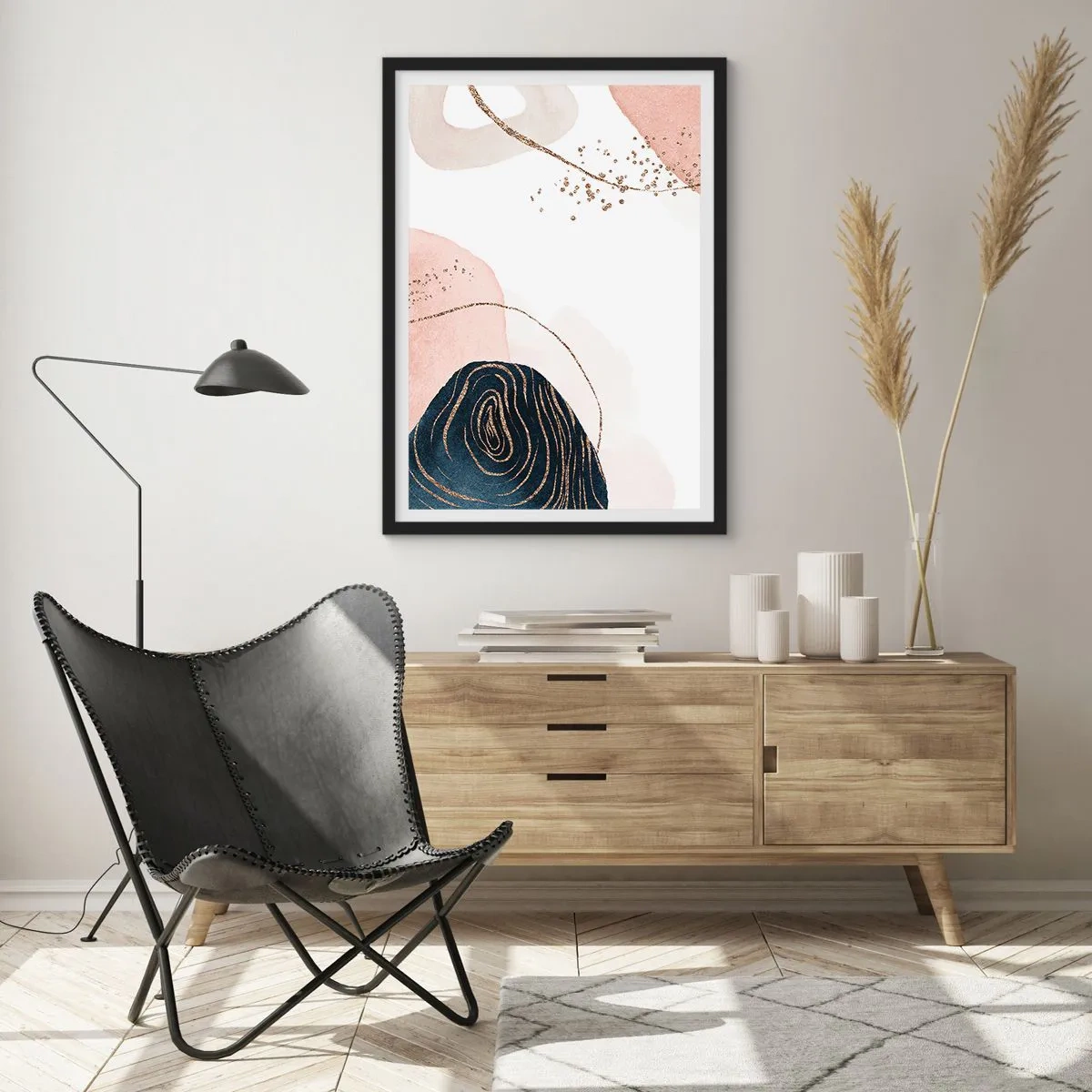 Plagát v čiernom ráme - Abstraktné tvary v pastelových odtieňoch so zlatými akcentmi - 50x70cm - Všetko plynie - Moderná nástenná dekorácia do obývacej izby a spálne ARTTOR