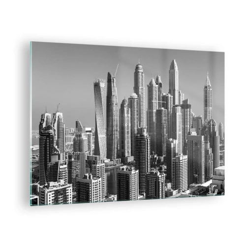Obraz na skle - Čiernobiela panoráma mestských mrakodrapov - 70x50cm - Mesto nad púšťou - Moderná nástenná dekorácia do obývacej izby a spálne ARTTOR