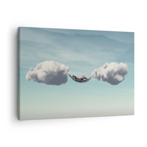 Obraz na plátne - Osoba relaxujúca v hojdacej sieti zavesenej v oblakoch - 70x50cm - Blaženosť okamihu - Moderná nástenná dekorácia do obývacej izby a spálne ARTTOR