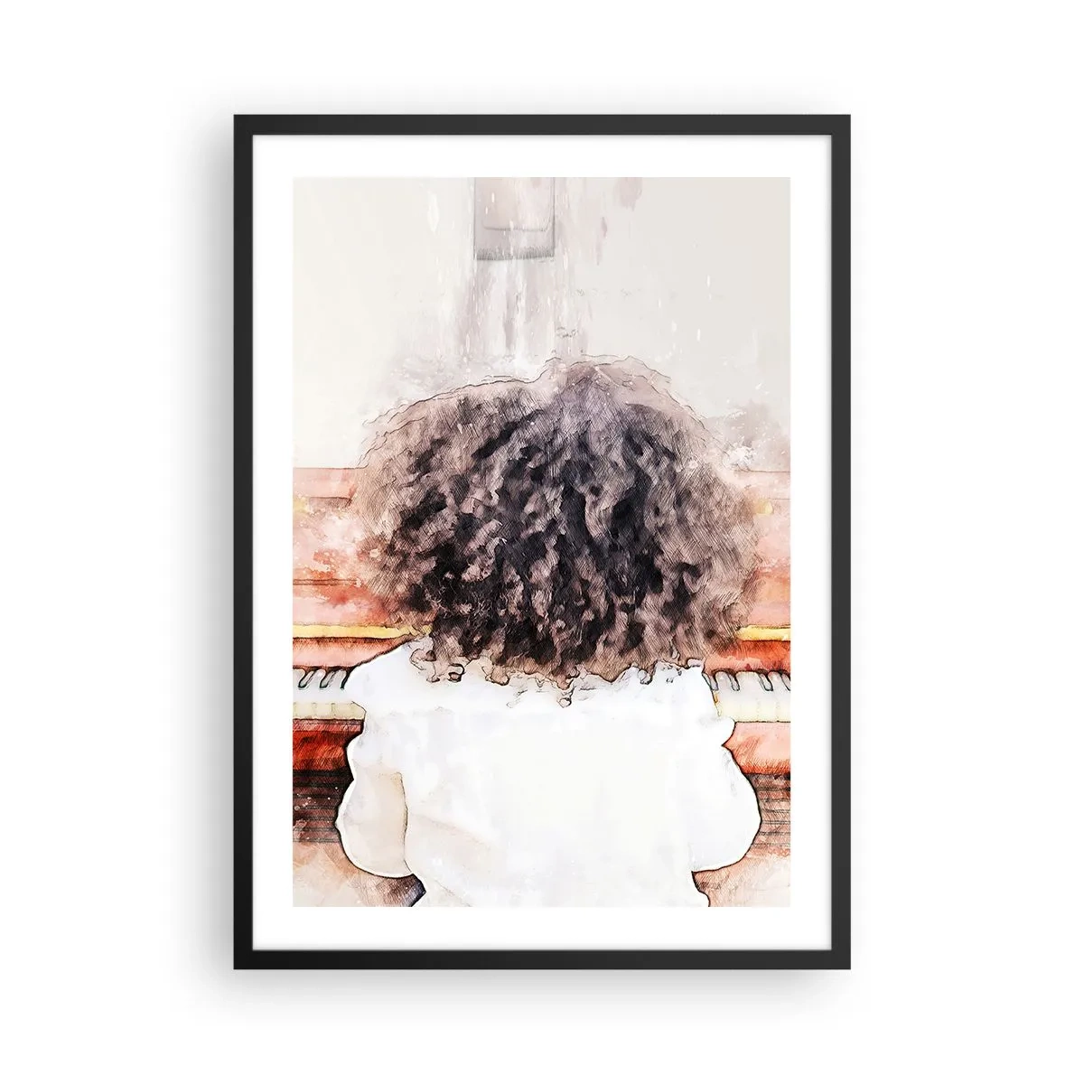 Plagát v čiernom ráme - Dieťa s bujnými kučerami hrá na klavíri v akvarelovom štýle - 50x70cm - V novom svete - Moderná nástenná dekorácia do obývacej izby a spálne ARTTOR