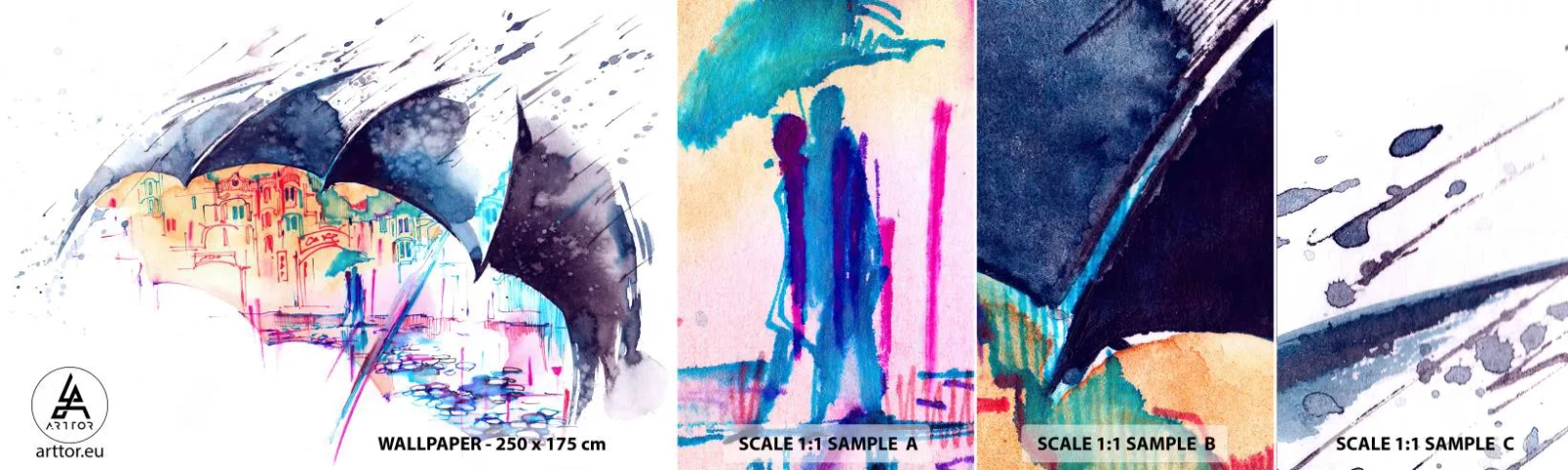 Vzorka Fototapeta Standard Eco - Prechádzka v daždi - Abstrakcia, Dáždnik, Architektúra - 100x30 cm