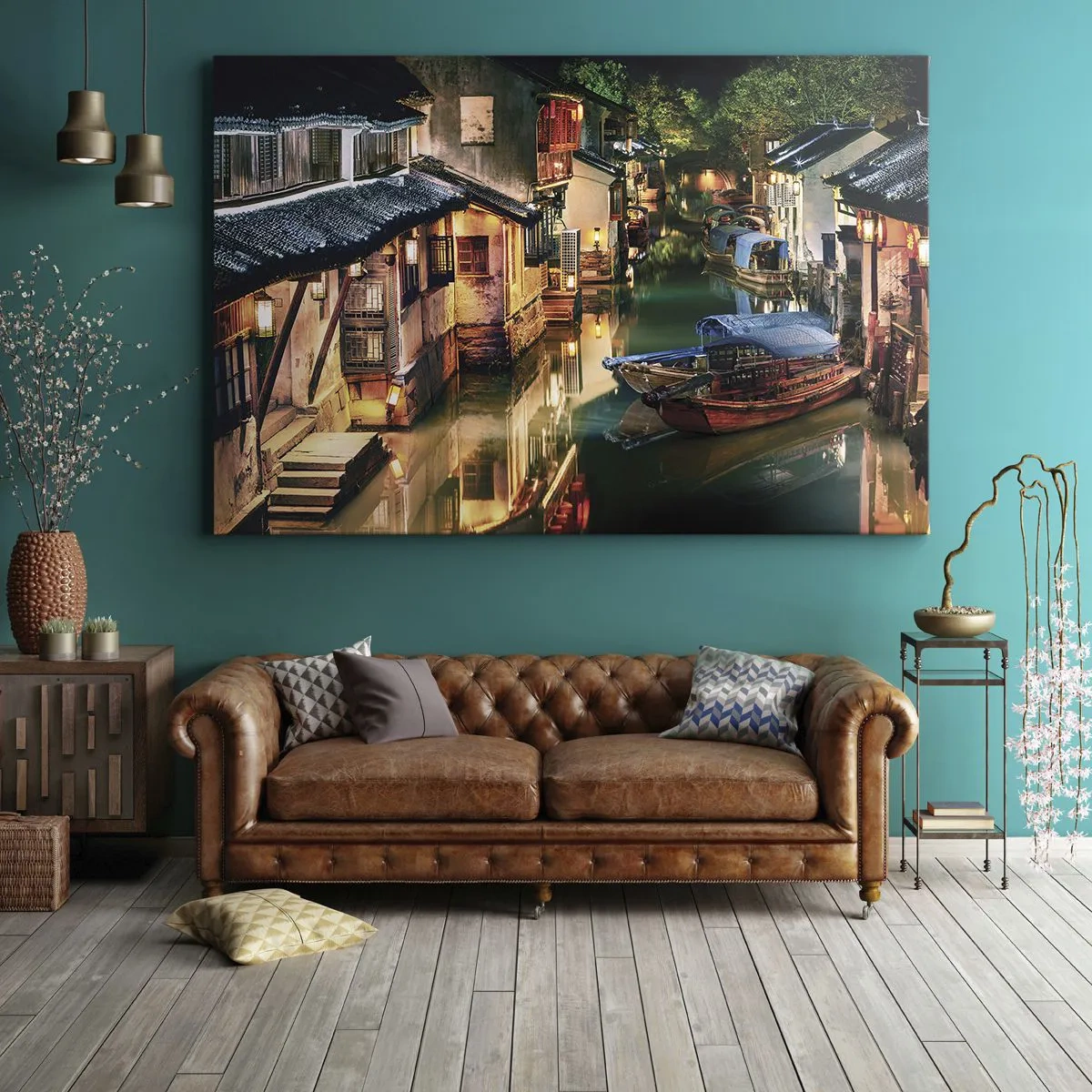 Obraz na plátne - Nočný pohľad na kanály s tradičnými loďkami a domami - 70x50cm - Večer na čínskej ulici - Moderná nástenná dekorácia do obývacej izby a spálne ARTTOR
