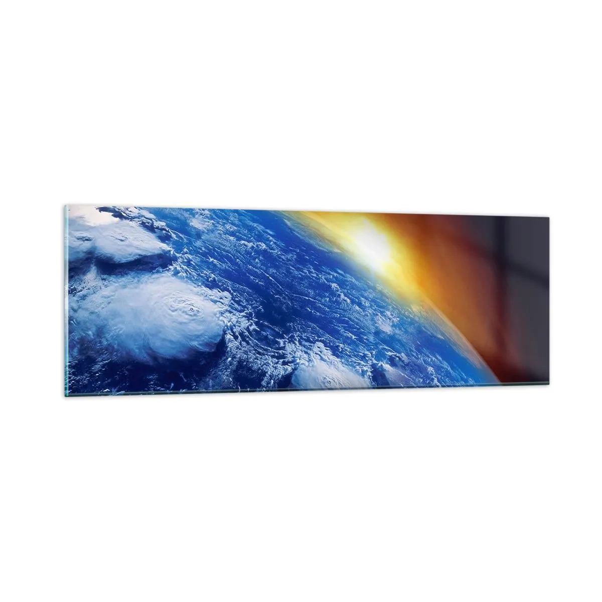 Obraz na skle - Východ slnka nad modrou planétou - 90x30 cm