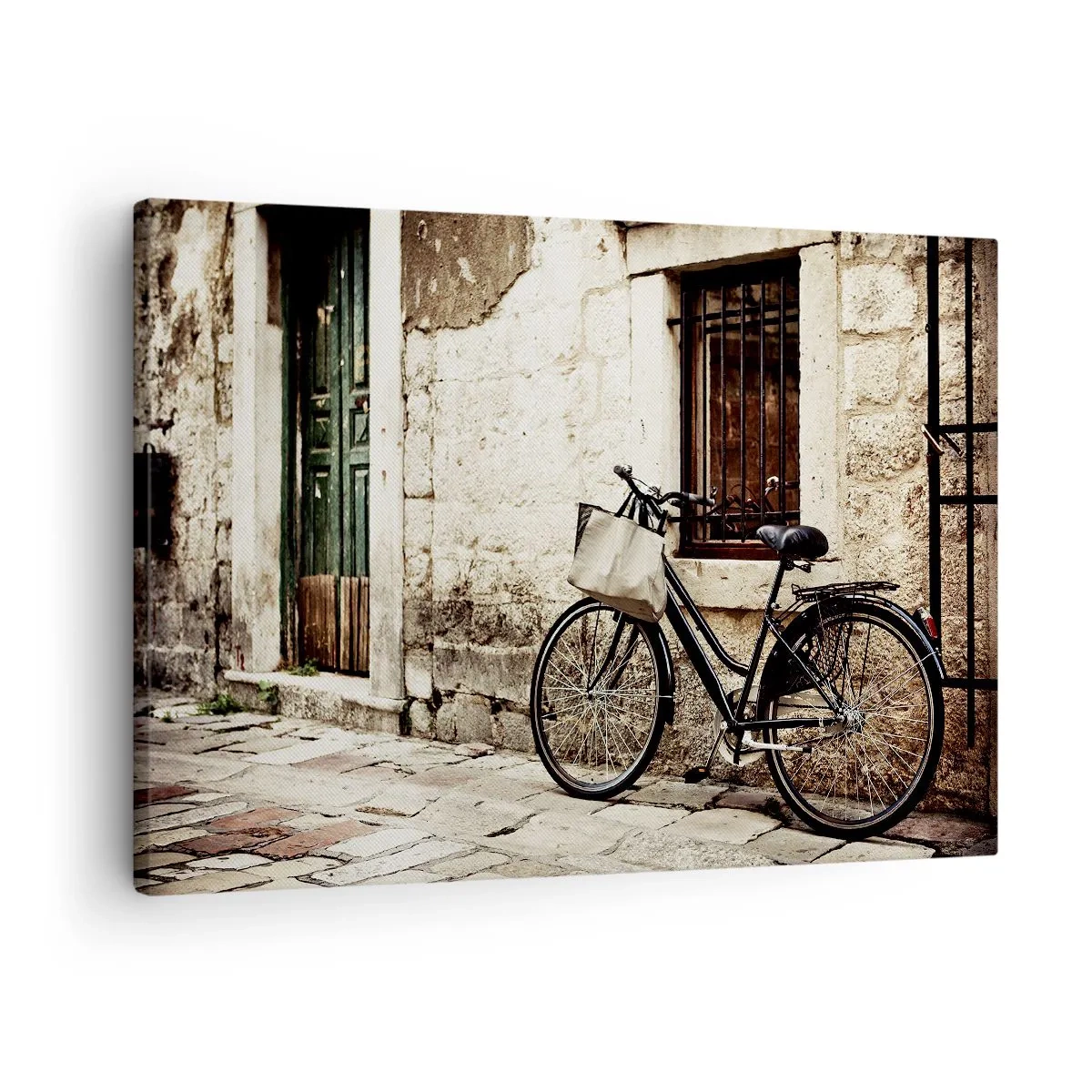 Obraz na plátne - Bicykel oproti kamennému múru s oknom a dverami v retro štýle - 70x50cm - Návrat do minulosti - Moderná nástenná dekorácia do obývacej izby a spálne ARTTOR