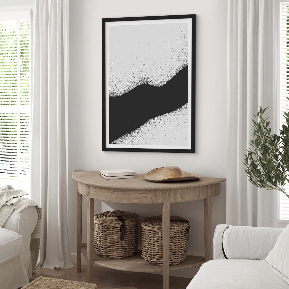 Plagát v čiernom ráme - Minimalistický tvar vlny v čiernej a sivej farbe so zrnitým efektom - 50x70cm - Plynulá rovnováha - Moderná nástenná dekorácia do obývacej izby a spálne ARTTOR