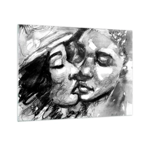 Obraz na skle - Čiernobiely náčrt nežného bozku - 70x50cm - Nežný okamih - Moderná nástenná dekorácia do obývacej izby a spálne ARTTOR