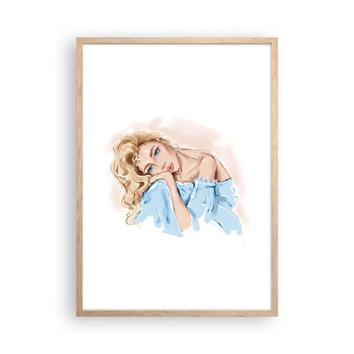 Plagát v ráme zo svetlého duba - Zasnená v modrej - 50x70 cm