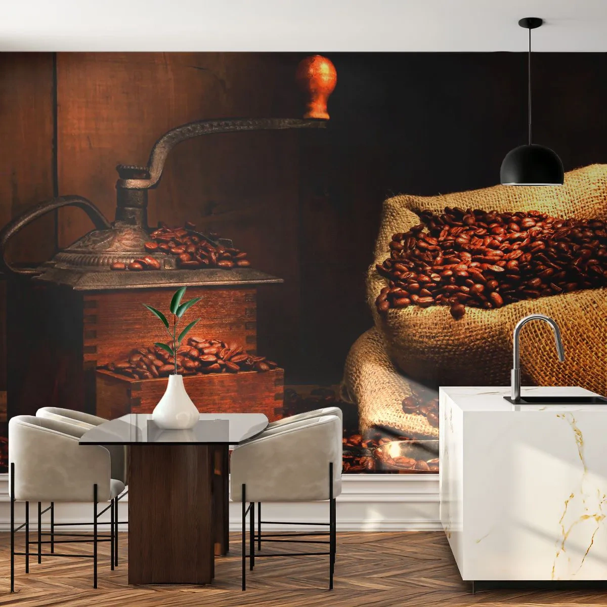 Samolepiaca Fototapeta Deluxe Sticker - Zátišie so zrnkami kávy a mlynčekom - Gastronómia, Káva, Mlynček na kávu - 250x175 cm