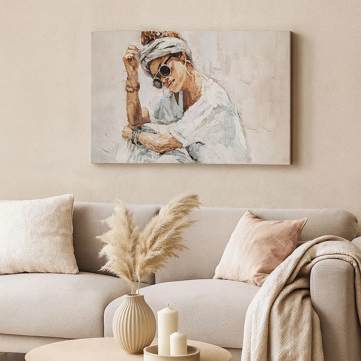 Obraz na plátne - Portrét ženy so slnečnými okuliarmi oproti svetlej stene - 70x50cm - Portrét v plnom slnku - Moderná nástenná dekorácia do obývacej izby a spálne ARTTOR