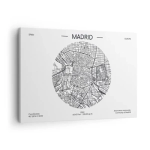 Obraz na plátne - Mapa Madridu v minimalistickom čiernobielom štýle - 70x50cm - Anatómia Madridu - Moderná nástenná dekorácia do obývacej izby a spálne ARTTOR