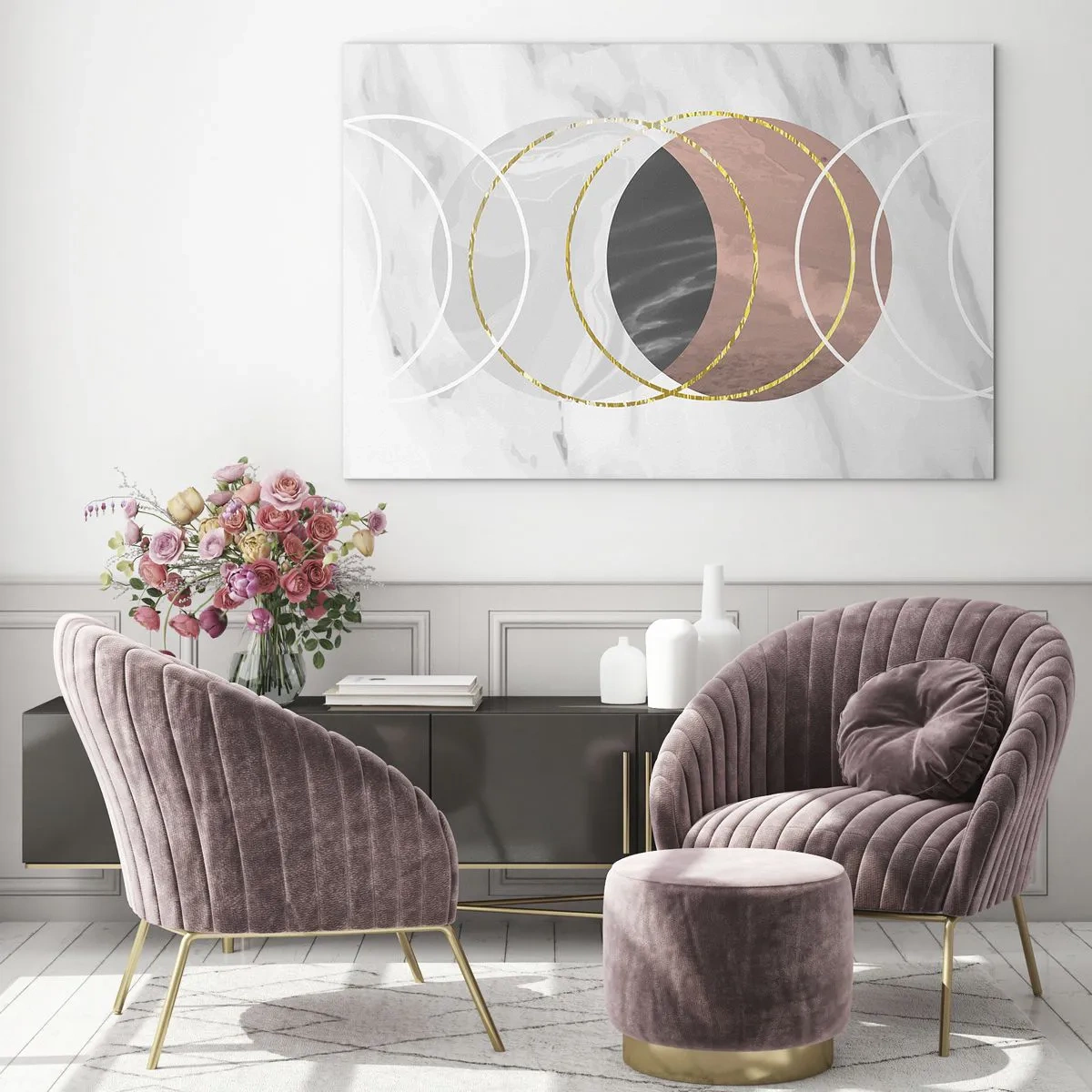 Obraz na skle - Geometrické kruhy v odtieňoch medi, zlata a mramoru - 70x50cm - Hudba sfér - Moderná nástenná dekorácia do obývacej izby a spálne ARTTOR