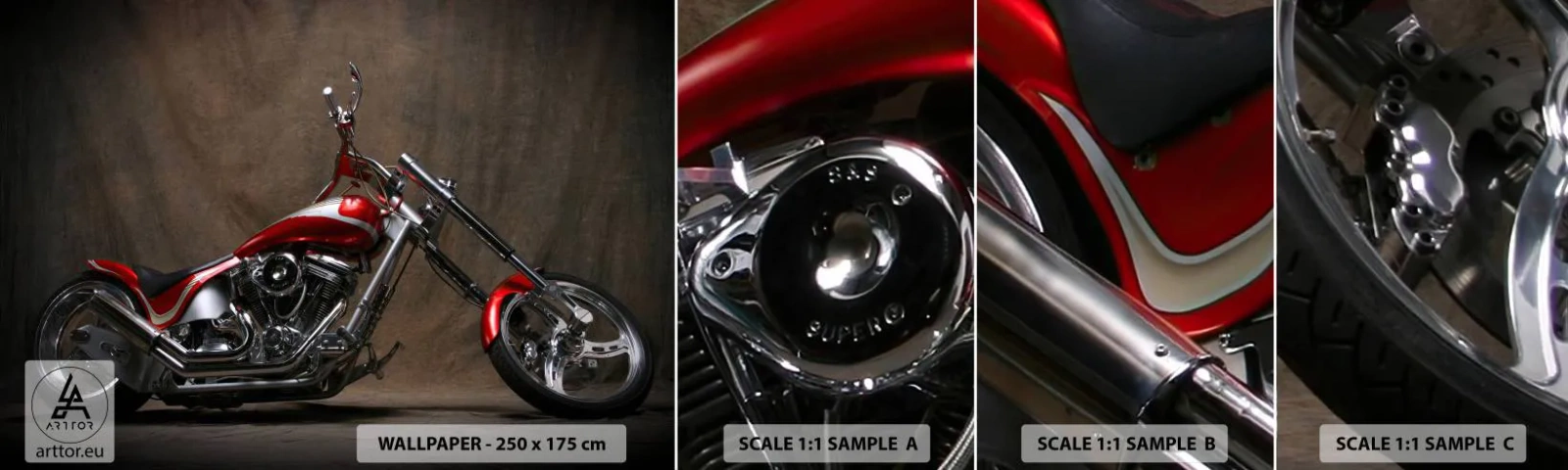 Vzorka Fototapeta Standard Eco - Červeno-strieborná krása - Motorka, Chopper, Automobilový priemysel - 100x30 cm