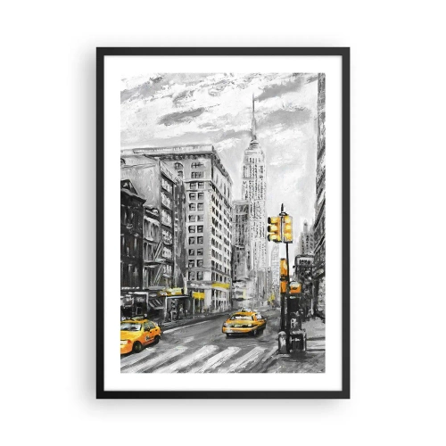 Plagát v čiernom ráme - Newyorská ulica so žltými taxíkmi v pozadí - 50x70cm - Newyorský príbeh - Moderná nástenná dekorácia do obývacej izby a spálne ARTTOR