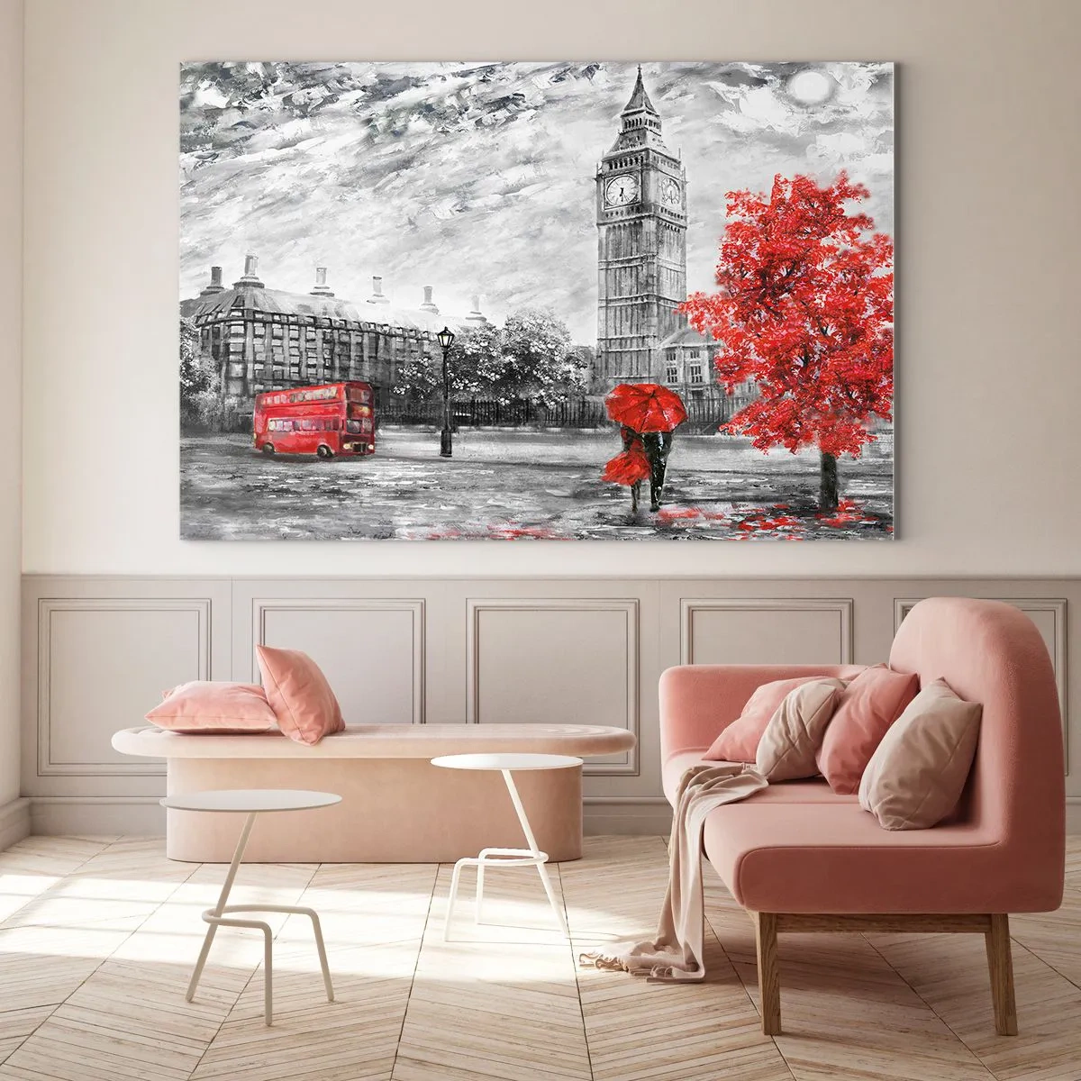 Obraz na skle - Big Ben s červeným autobusom a dáždnikom na pozadí jesenných stromov - 70x50cm - Vzrušujúci deň - Moderná nástenná dekorácia do obývacej izby a spálne ARTTOR