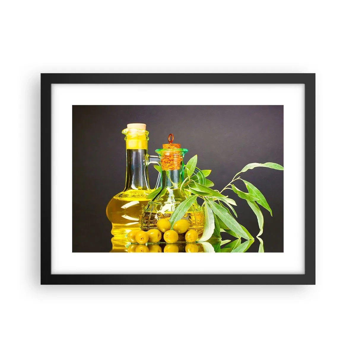 Plagát v čiernom ráme - Zátišie s olivami a olejom - 40x30 cm