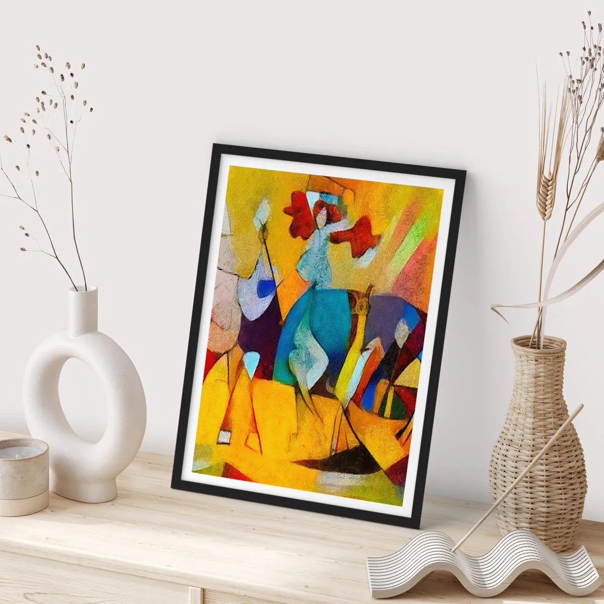 Plagát v čiernom ráme - Farebné figúrky v abstraktnom štýle - 50x70cm - Slnko - život - radosť - Moderná nástenná dekorácia do obývacej izby a spálne ARTTOR