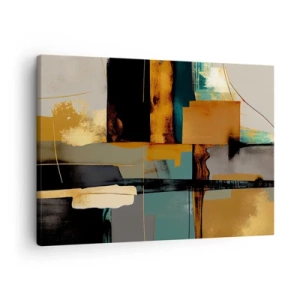 Obraz na plátne - Abstraktná kompozícia so zlatými a tyrkysovými prvkami - 70x50cm - Abstrakcia – svetlo a tieň - Moderná nástenná dekorácia do obývacej izby a spálne ARTTOR