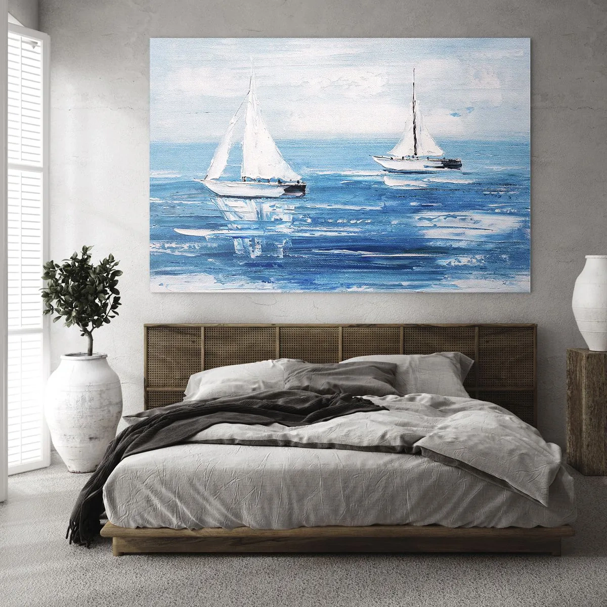 Obraz na skle - Dve biele plachetnice na pokojnom modrom mori - 70x50cm - S priateľom po boku - Moderná nástenná dekorácia do obývacej izby a spálne ARTTOR