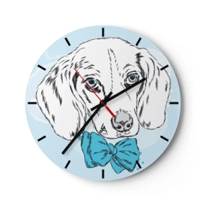 Nástenné hodiny - Umelecká kresba psa s modrým motýlikom na svetlom pozadí - 30x30cm - Psia elegancia - Moderná nástenná dekorácia do obývacej izby, kuchyne a spálne ARTTOR