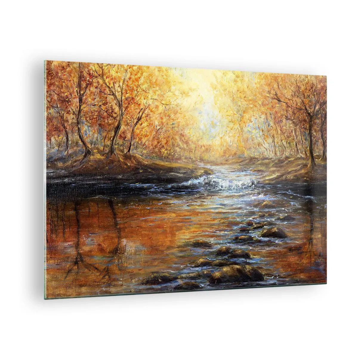 Obraz na skle - Zlatý potok v lese obklopenom jesennými stromami - 70x50cm - Zlatý potok - Moderná nástenná dekorácia do obývacej izby a spálne ARTTOR