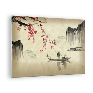 Obraz na skle - Orientálna rybárska scéna s vetvou čerešňového kvetu a horami - 70x50cm - V krajine kvitnúcich čerešní - Moderná nástenná dekorácia do obývacej izby a spálne ARTTOR