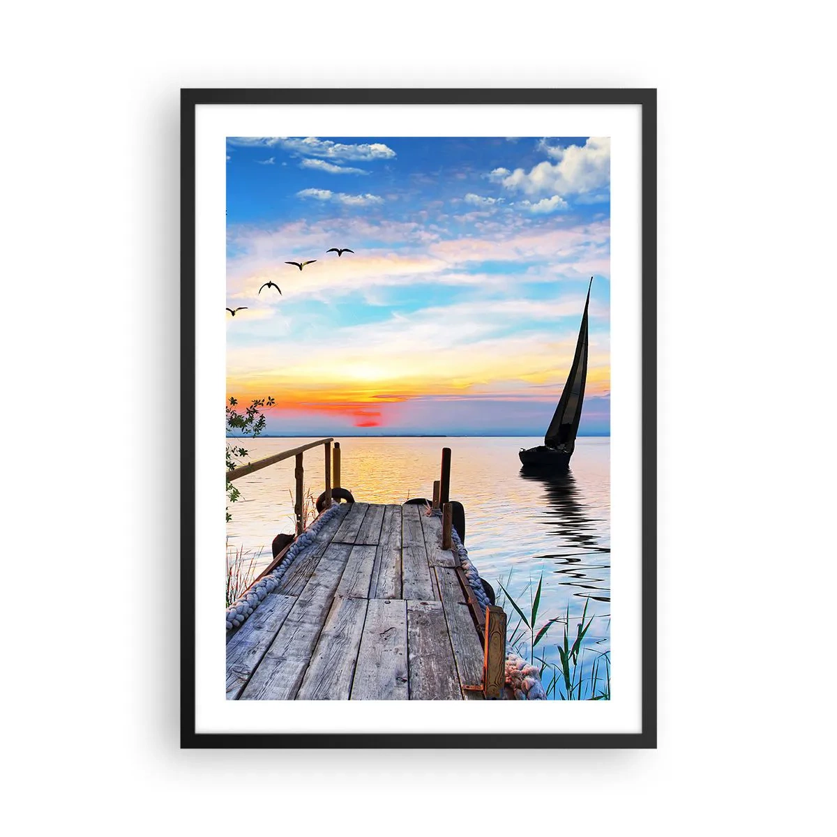 Plagát v čiernom ráme - Mólo pri jazere pri západe slnka - 50x70cm - Dobrý večer - Moderná nástenná dekorácia do obývacej izby a spálne ARTTOR