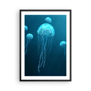 Plagát v čiernom ráme - Medúzy plávajúce v modrých vodách oceánu - 50x70cm - Oceánsky tanec - Moderná nástenná dekorácia do obývacej izby a spálne ARTTOR