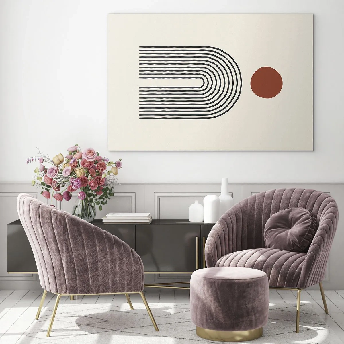 Obraz na skle - Grafická abstrakcia s čiarami a kruhmi v retro štýle - 70x50cm - Magnetizmus tvarov a farieb - Moderná nástenná dekorácia do obývacej izby a spálne ARTTOR