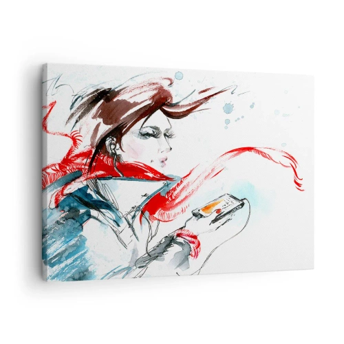 Obraz na plátne - Žena v červenej šatke s dynamickými akvarelovými ťahmi - 70x50cm - Niečo vo mne hrá - Moderná nástenná dekorácia do obývacej izby a spálne ARTTOR
