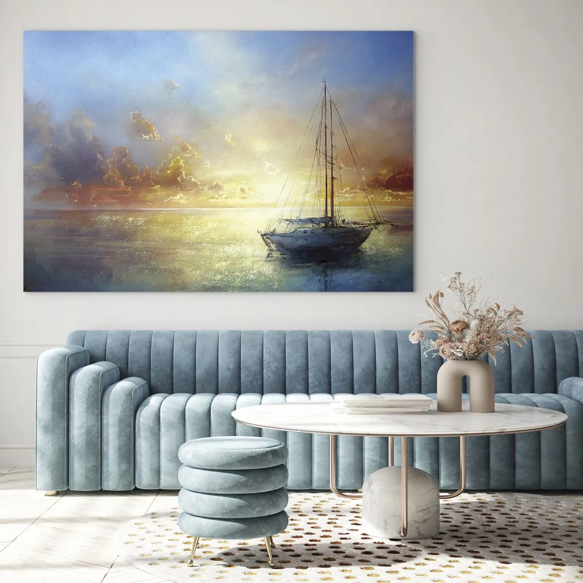 Obraz na skle - Plachetnica na pokojnom mori pri zlatom západe slnka - 70x50cm - V zlatom zálive - Moderná nástenná dekorácia do obývacej izby a spálne ARTTOR