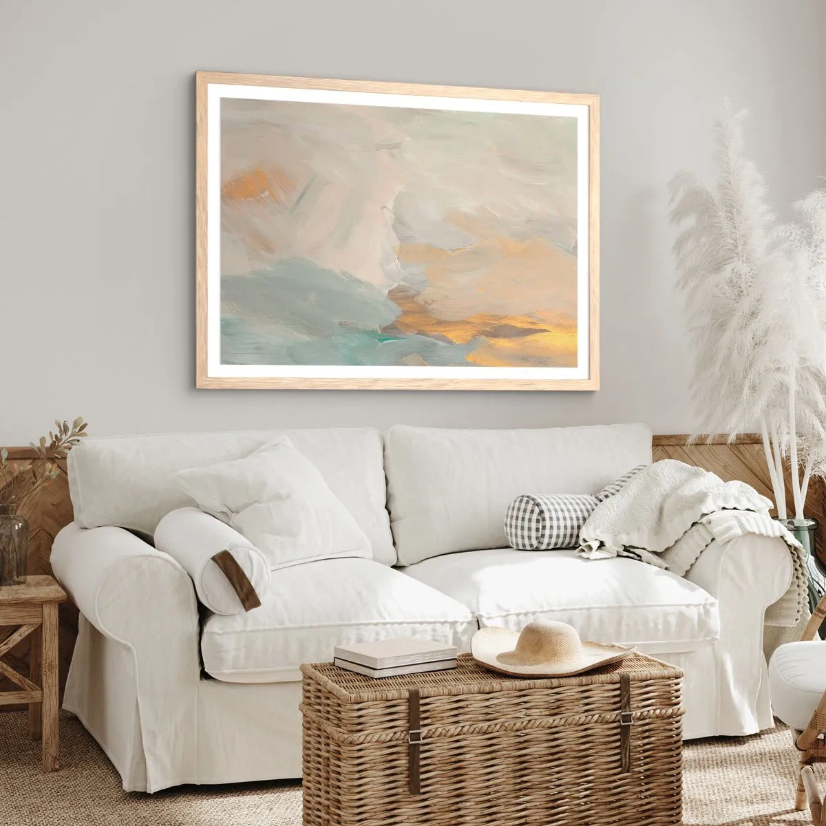 Plagát v ráme zo svetlého duba - Abstrakcia – krajina nehy - 100x70 cm