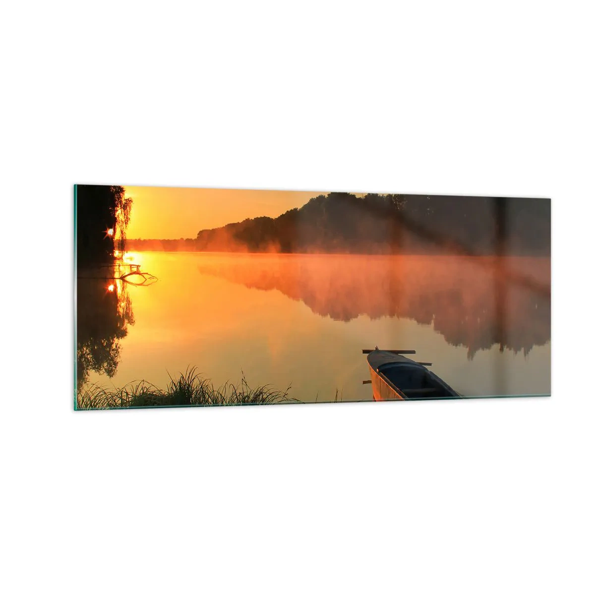 Obraz na skle - Východ slnka pri vode ako povrch zrkadla - 100x40 cm