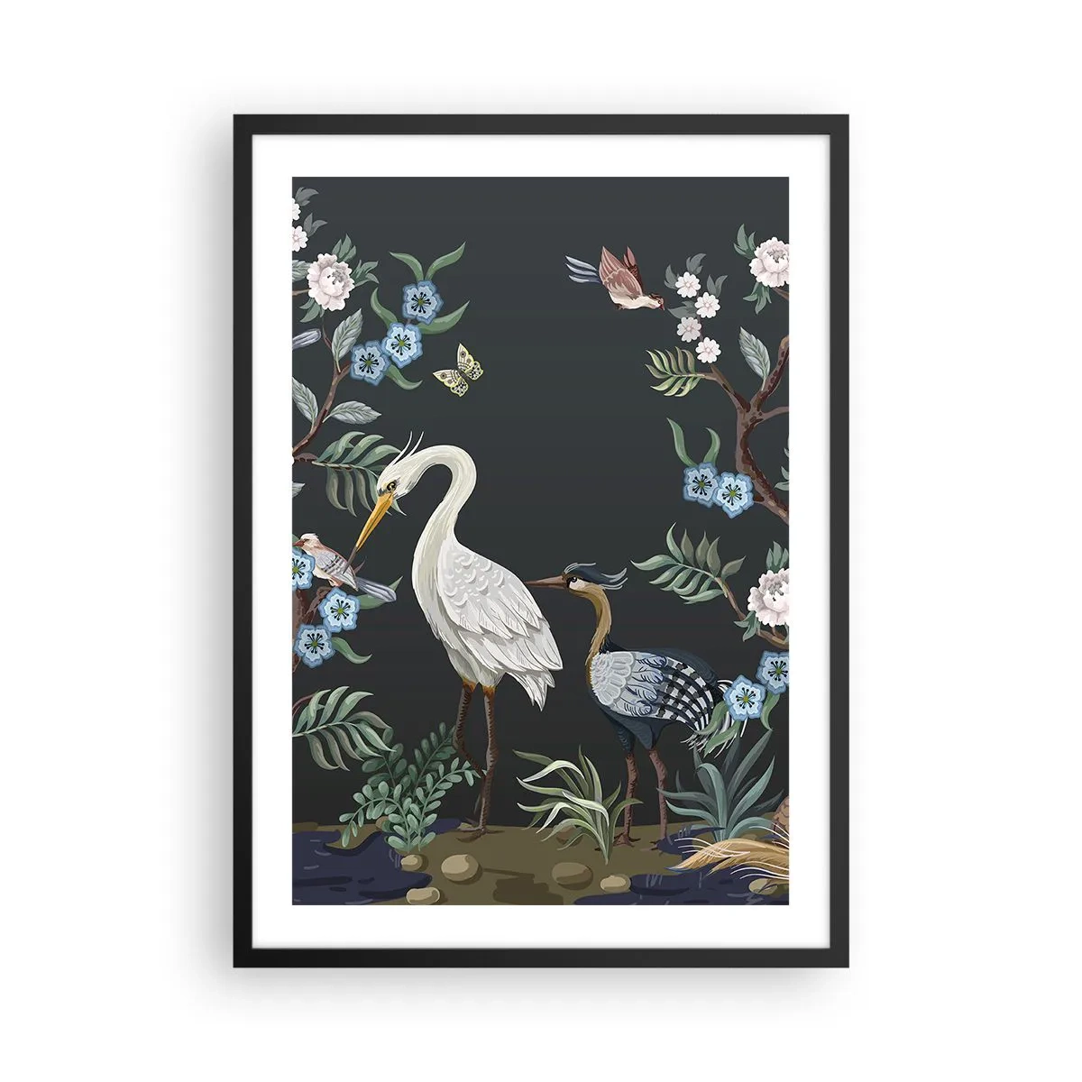 Plagát v čiernom ráme - Ilustrácia vtákov medzi kvetmi na tmavom pozadí - 50x70cm - Vtáčí sprievod - Moderná nástenná dekorácia do obývacej izby a spálne ARTTOR