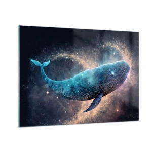 Obraz na skle - Modrá veľryba plávajúca v galaxii - 70x50cm - Existuje taký svet… - Moderná nástenná dekorácia do obývacej izby a spálne ARTTOR