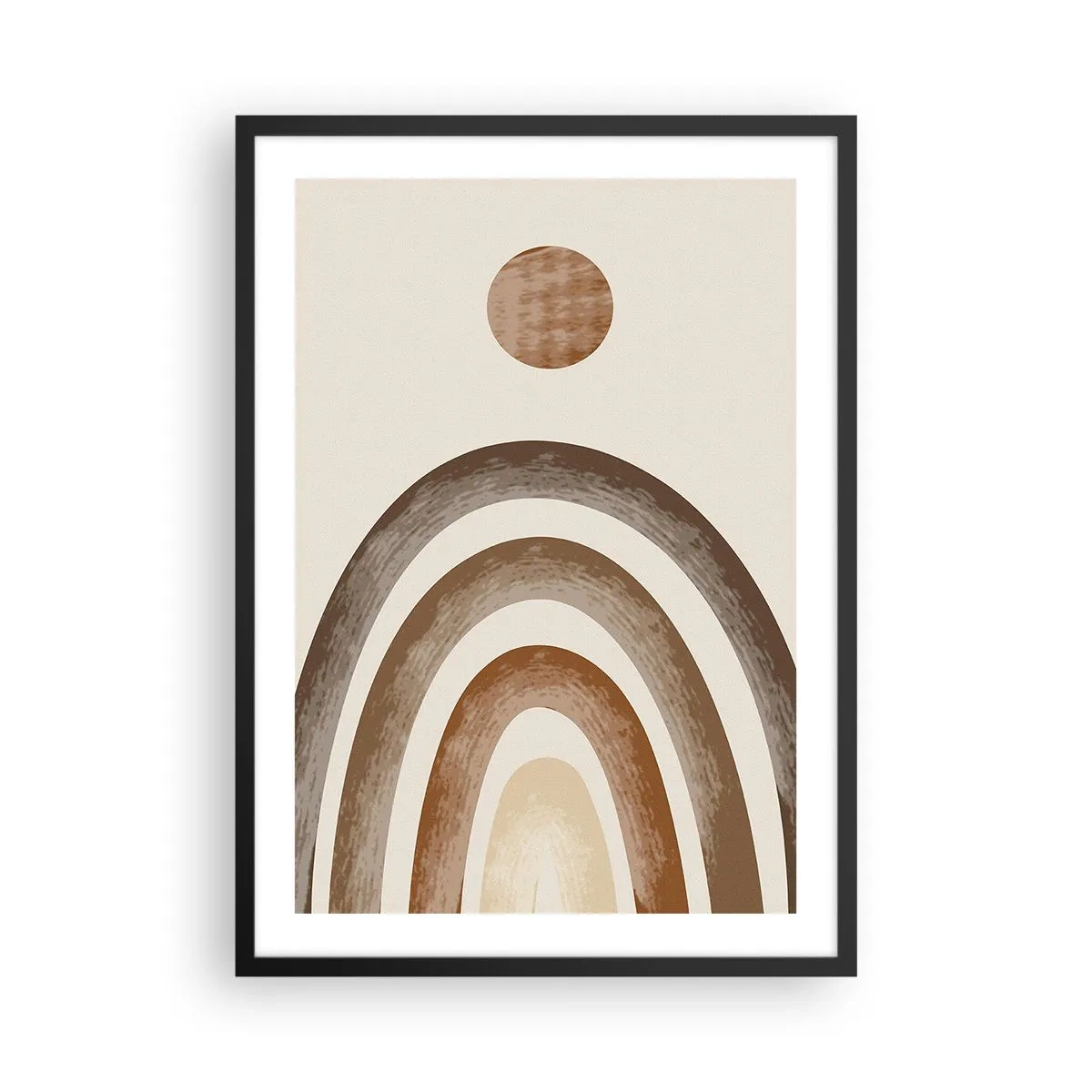 Plagát v čiernom ráme - Abstraktný motív oblúkov a slnka v zemitých tónoch - 50x70cm - V ďalekej galaxii - Moderná nástenná dekorácia do obývacej izby a spálne ARTTOR