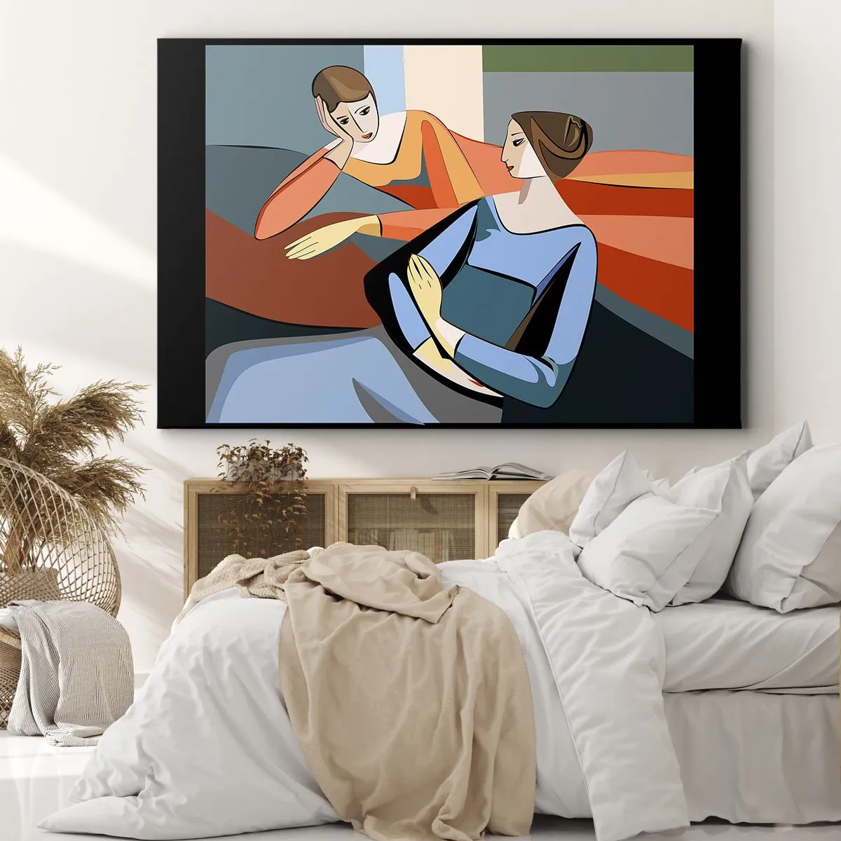 Obraz na plátne - Abstraktná ilustrácia dvoch žien v kubistickom štýle - 70x50cm - Dôverná chvíľa - Moderná nástenná dekorácia do obývacej izby a spálne ARTTOR