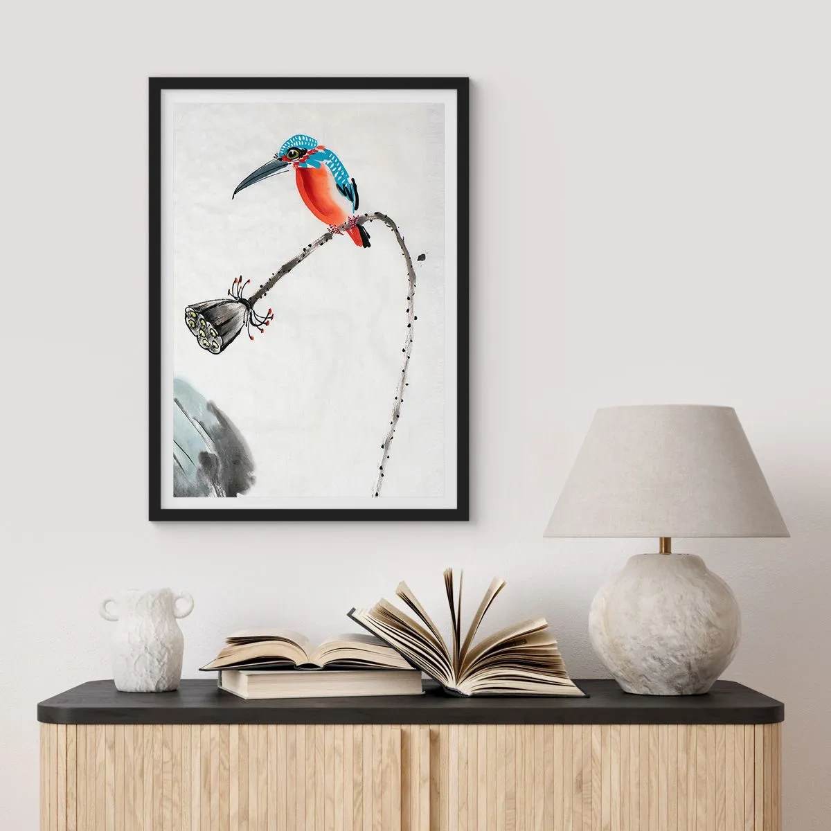 Plagát v čiernom ráme - Farebný rybárik na konári v akvarelovom štýle - 50x70cm - Život lúky - Moderná nástenná dekorácia do obývacej izby a spálne ARTTOR