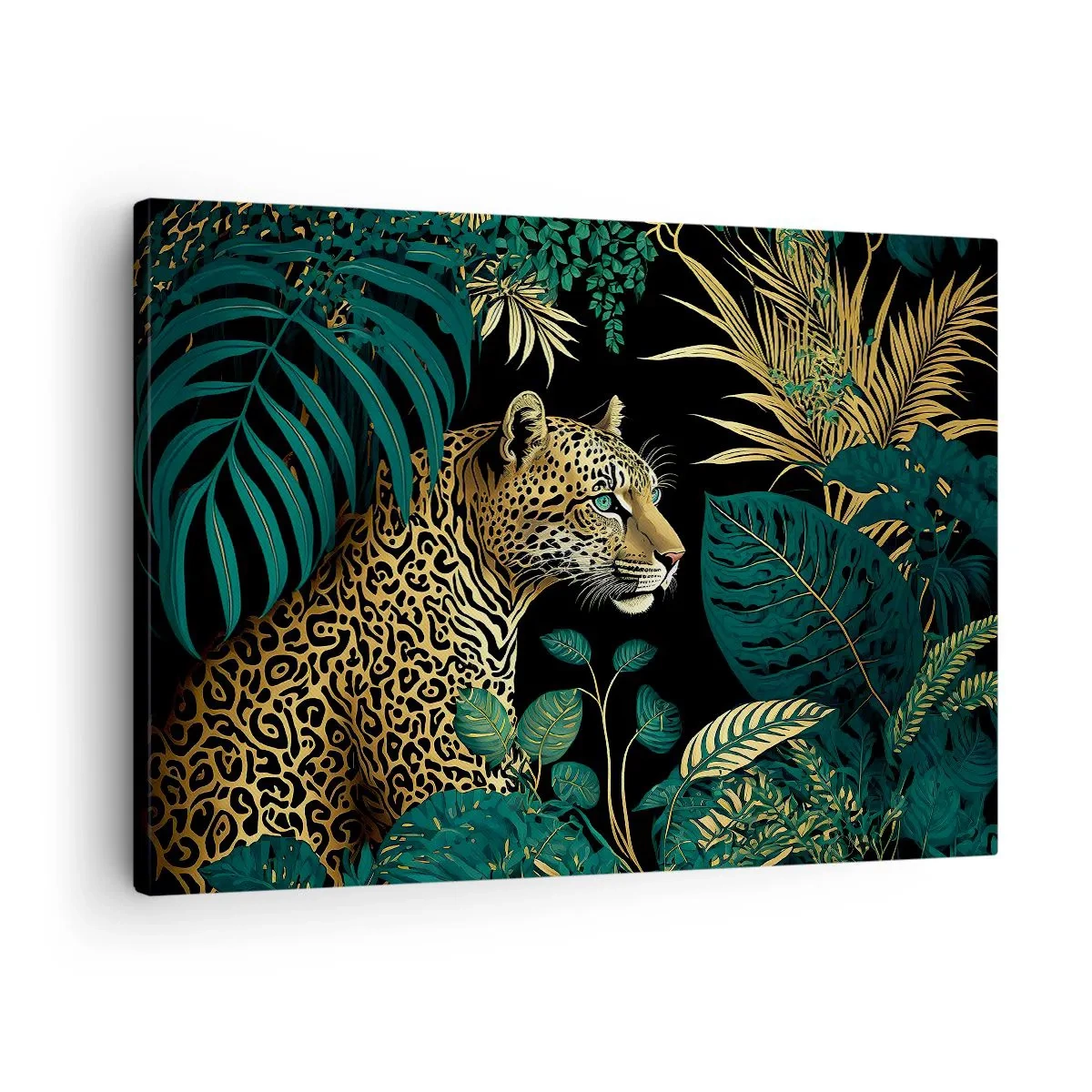 Obraz na plátne - Leopard v tropických listoch na čiernom pozadí - 70x50cm - Hospodár v džungli - Moderná nástenná dekorácia do obývacej izby a spálne ARTTOR