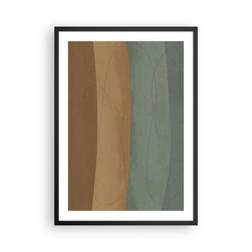 Plagát v čiernom ráme - Organické línie na zemitom a zelenom pozadí - 50x70cm - Horizontálna kompozícia - Moderná nástenná dekorácia do obývacej izby a spálne ARTTOR