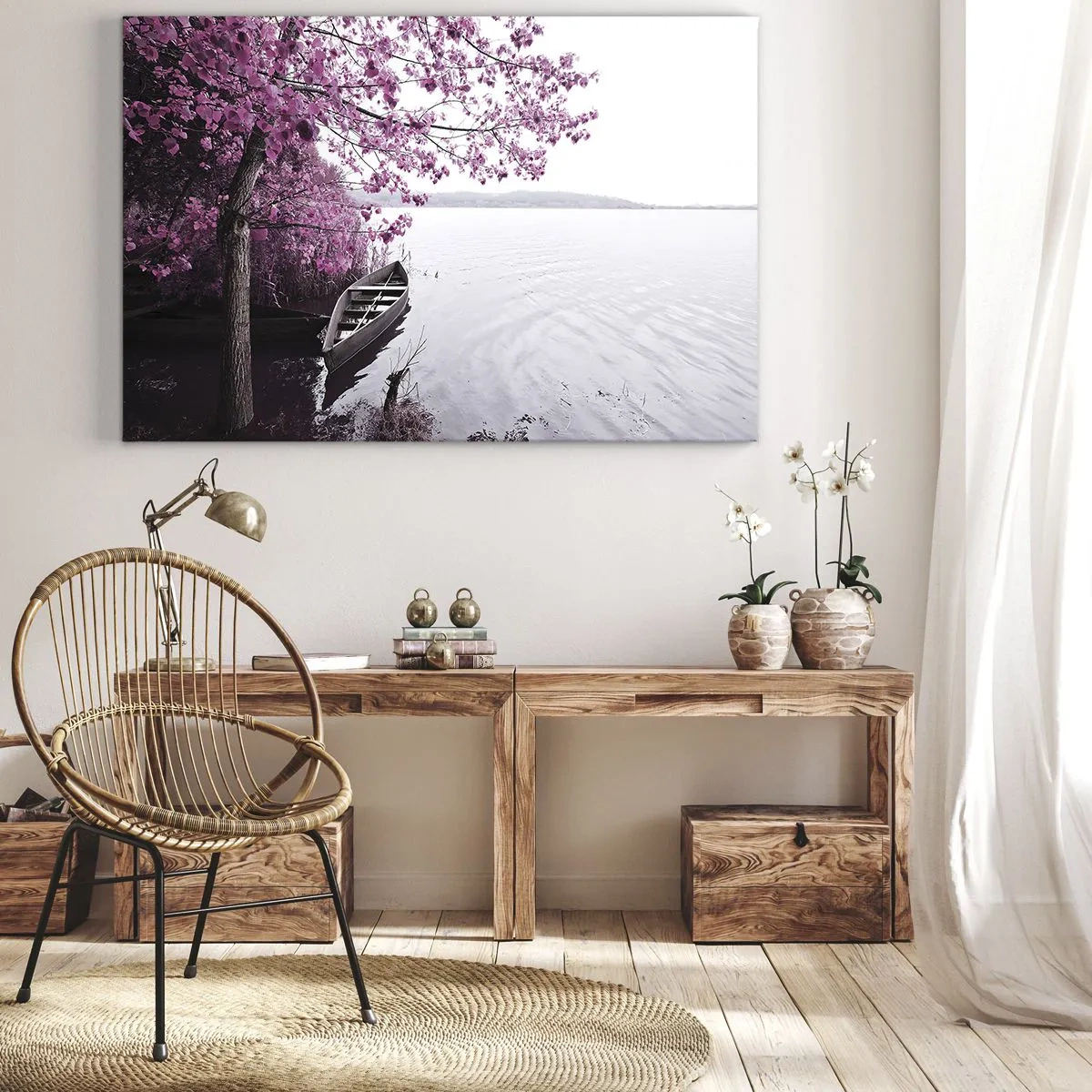 Obraz na plátne - Loď na brehu jazera medzi ružovými stromami - 70x50cm - V ružovom tichu - Moderná nástenná dekorácia do obývacej izby a spálne ARTTOR