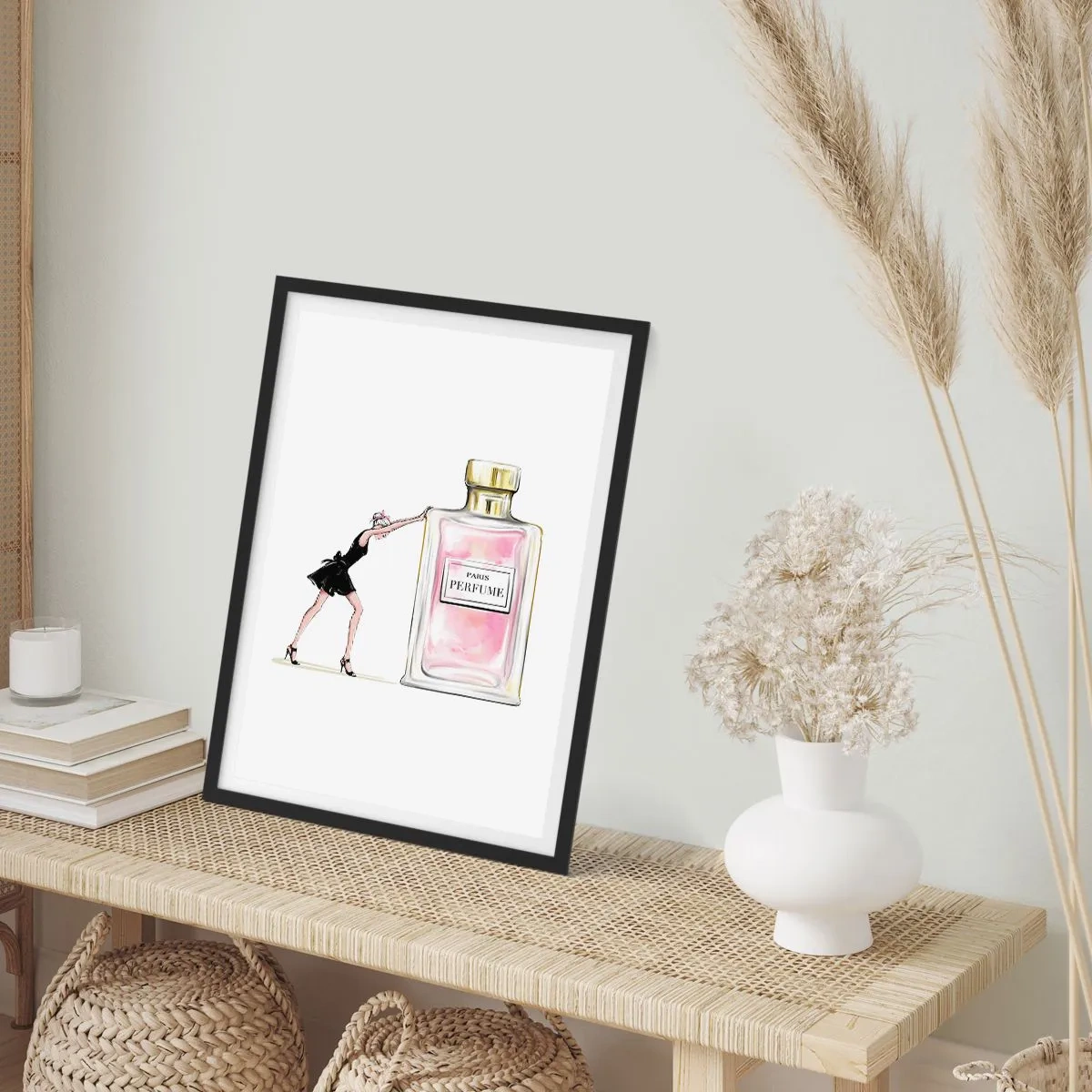Plagát v čiernom ráme - Ilustrácia fľaštičky parfumu so siluetou ženy v šatách - 50x70cm - Podstata ženskosti - Moderná nástenná dekorácia do obývacej izby a spálne ARTTOR