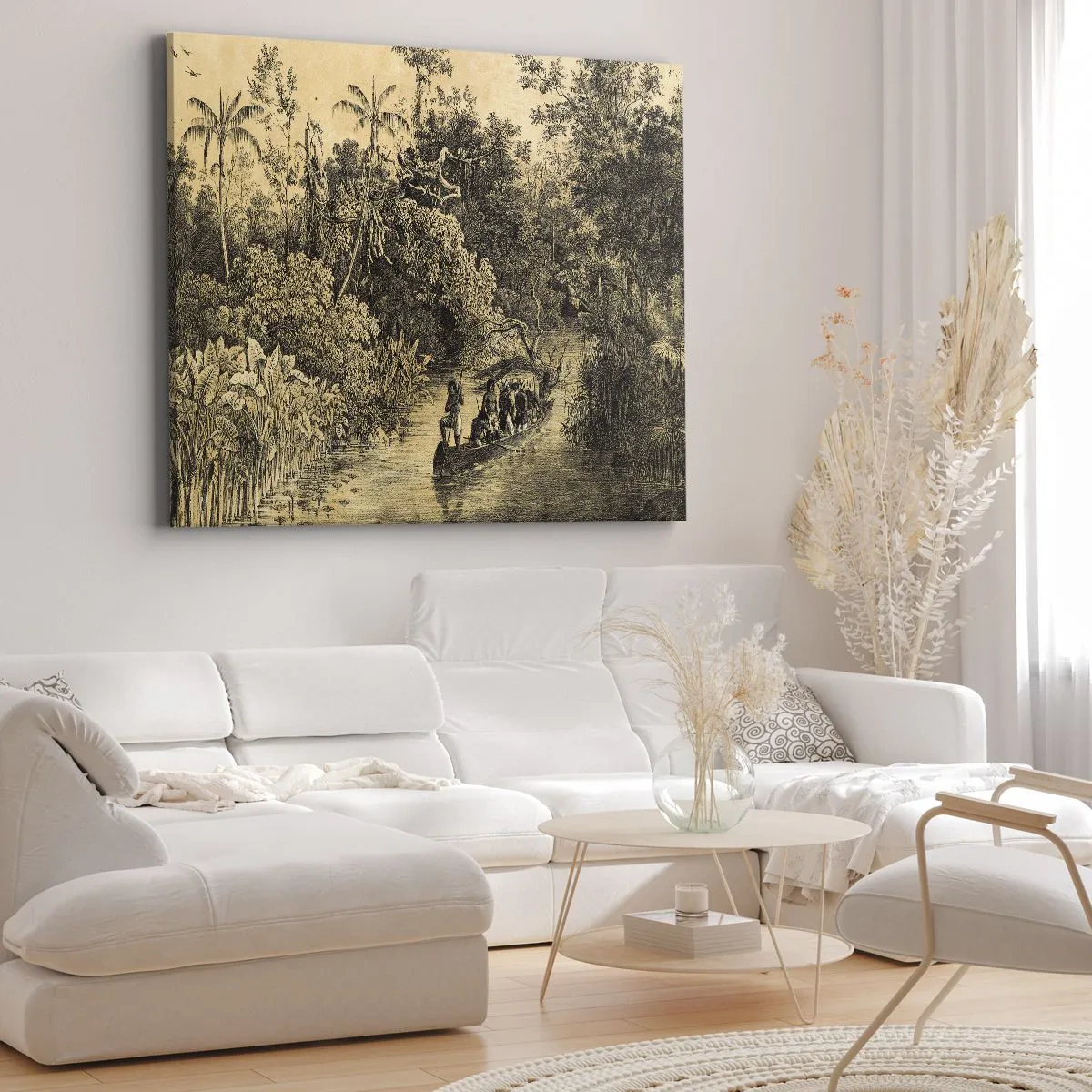 Obraz na plátne - Kresba džungle s loďou na rieke - 70x50cm - Výlet k zdroju - Moderná nástenná dekorácia do obývacej izby a spálne ARTTOR