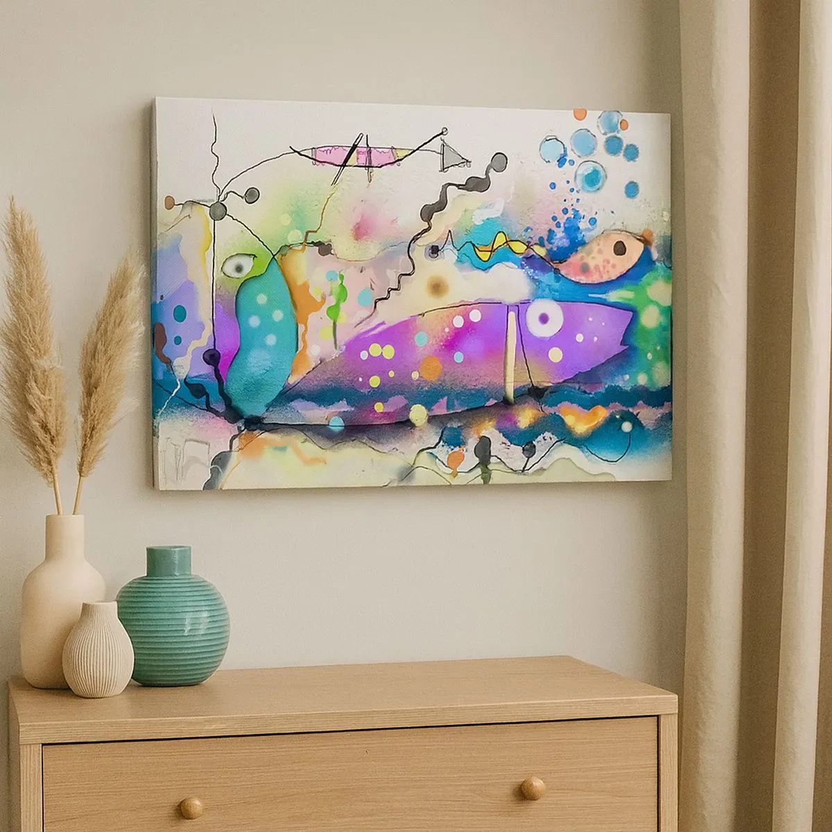 Obraz na plátne - Abstraktné ryby v farebnej, surrealistickej kompozícii - 70x50cm - Niet slov! - Moderná nástenná dekorácia do obývacej izby a spálne ARTTOR