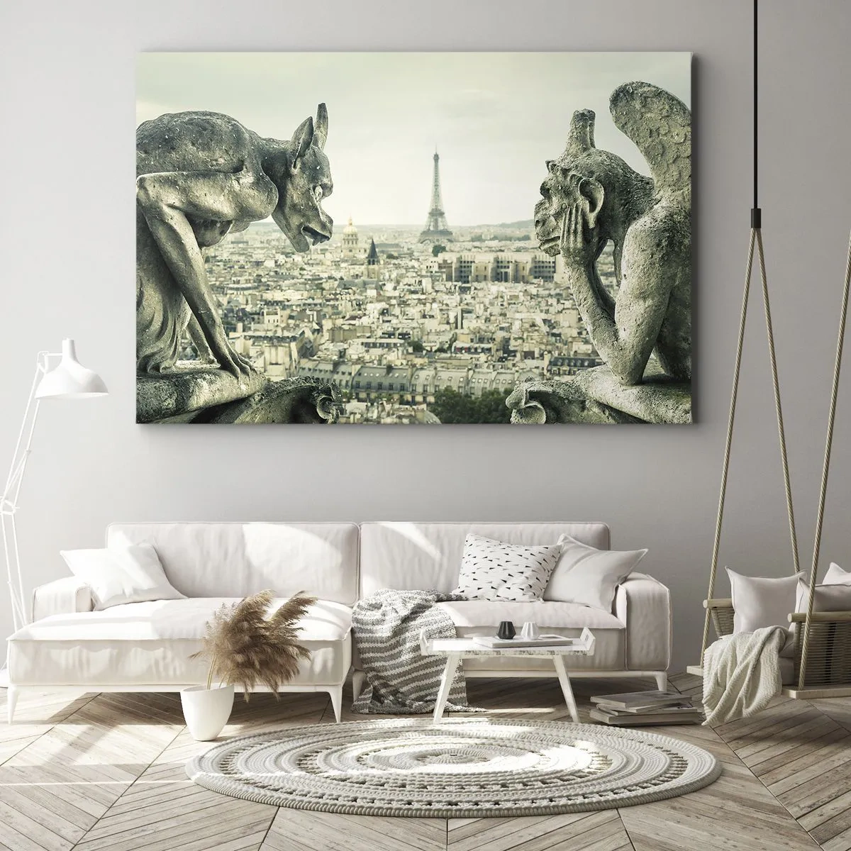 Obraz na plátne - Chrliče s výhľadom na panorámu Paríža a Eiffelovu vežu - 70x50cm - Parížske rozprávanie - Moderná nástenná dekorácia do obývacej izby a spálne ARTTOR