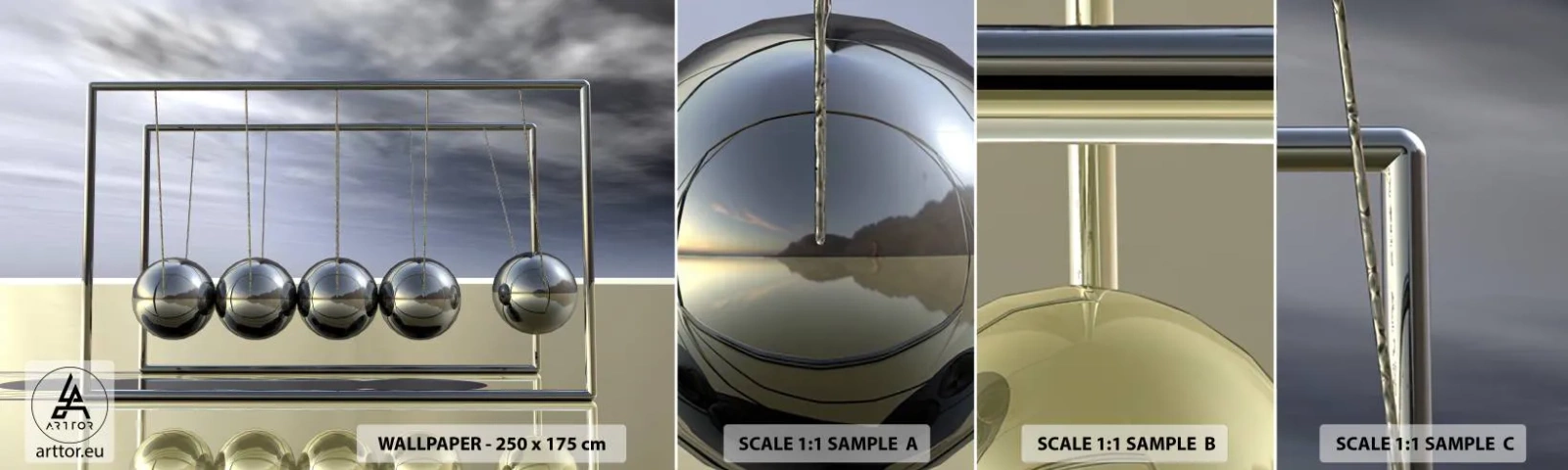 Vzorka samolepiacej fototapety Deluxe Sticker - Energia sveta - Newtonovo kyvadlo, fyzika, Abstrakcia - 100x30 cm