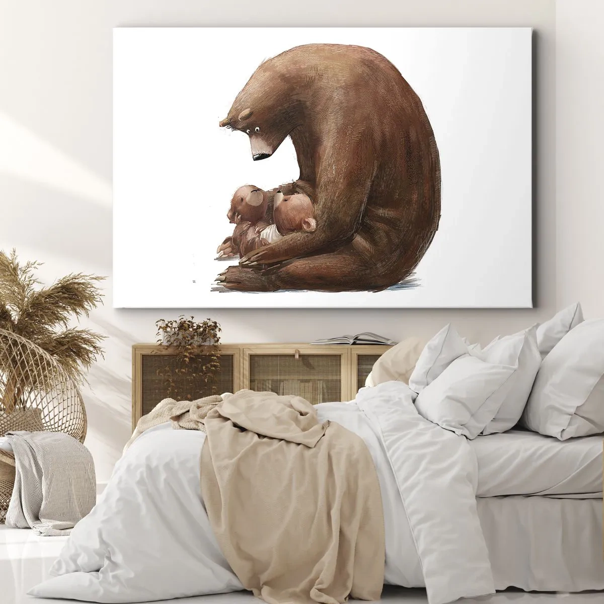 Obraz na plátne - Medvedica s dvoma malými medvedíkmi v náručí - 70x50cm - Sladké sny, deti - Moderná nástenná dekorácia do obývacej izby a spálne ARTTOR
