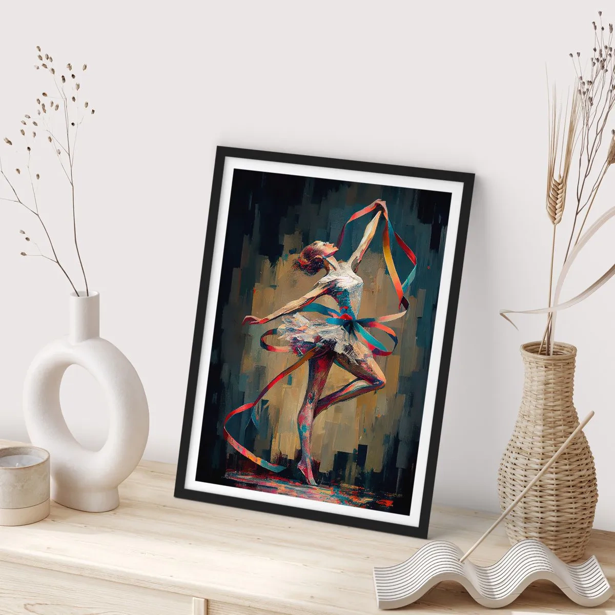 Plagát v čiernom ráme - Tanečnica v dynamickej póze s farebnými stuhami. - 50x70cm - Tanec so stuhou - Moderná nástenná dekorácia do obývacej izby a spálne ARTTOR