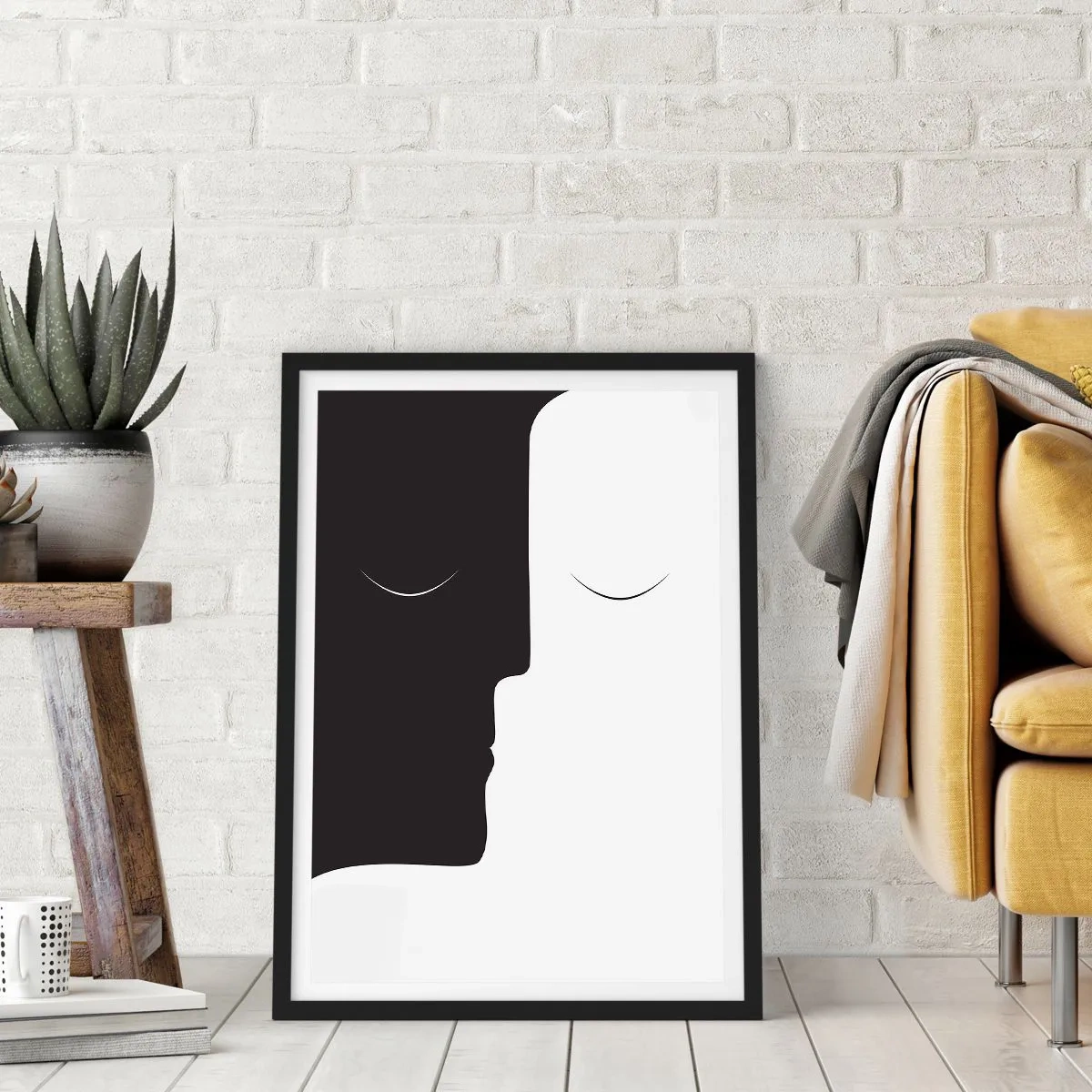 Plagát v čiernom ráme - Minimalistická grafika dvoch tvárí v čiernobielej farbe vytvárajúcich jednotu. - 50x70cm - Jednota protikladov - Moderná nástenná dekorácia do obývacej izby a spálne ARTTOR